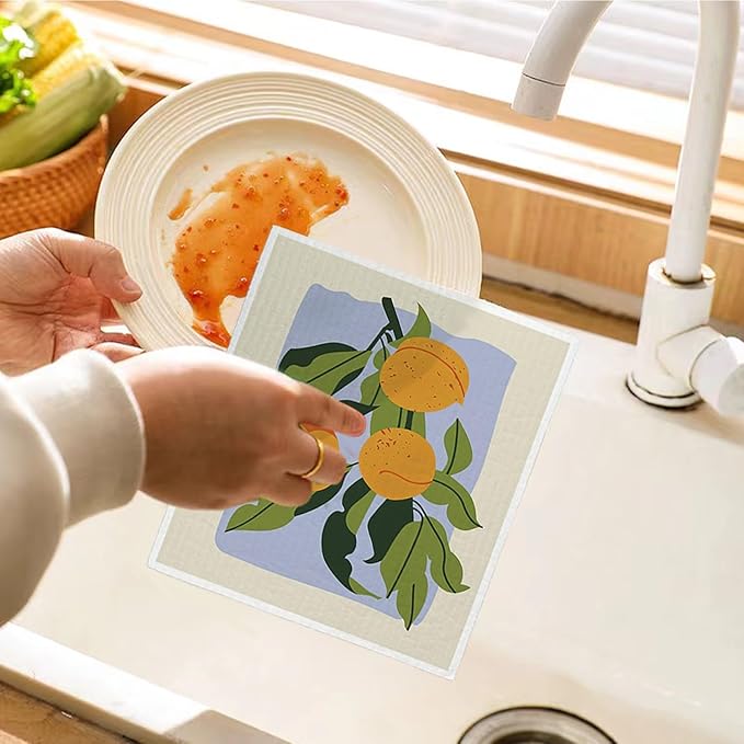 Swedish Dishcloths for Kitchen, Papaya Reusable Paper Towels Washable, Oranges Peach Lemon Colorful Swedish DishCloths for Friut, 4 Pack Dish Towels for Kitchen