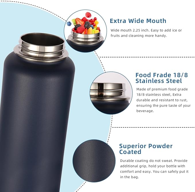 Volhoply 40 oz Insulated Water Bottles Paracord Handle, Stainless Steel Bottle with Spout Lid, Double Walled Vacuum Metal Travel Water Jug with Wide Mouth (Navy,1 Set)
