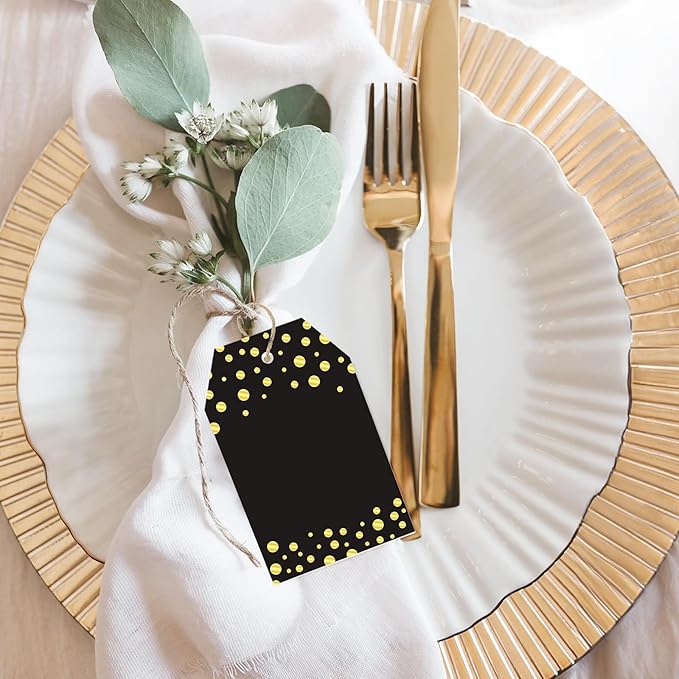 Anwyll Gift Tags with String - 100Pcs Gold Foil Metallic Confetti Polka Dot Gift Bag Tags Personalized Black Blank Hang Paper Label Tag for Birthday Party Bridal Shower Wedding Christmas Favor Present