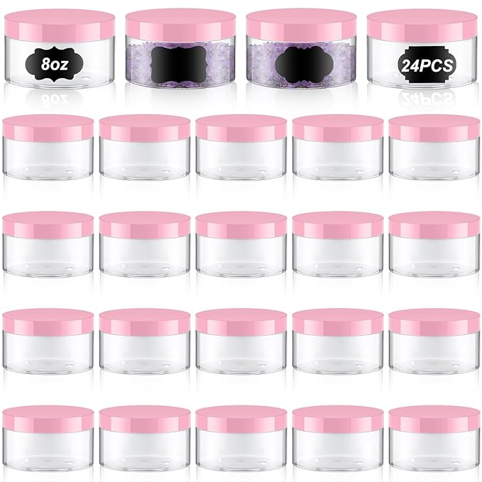Dandat 24 Pcs 8 oz Plastic Jar Container with Lid and Label Refillable Empty Round Clear with Pink PET Cosmetic Sample Containers for Lotion, Cream, Ointments, Body Butter, Makeup, Travel Storage