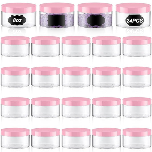 Dandat 24 Pcs 8 oz Plastic Jar Container with Lid and Label Refillable Empty Round Clear with Pink PET Cosmetic Sample Containers for Lotion, Cream, Ointments, Body Butter, Makeup, Travel Storage