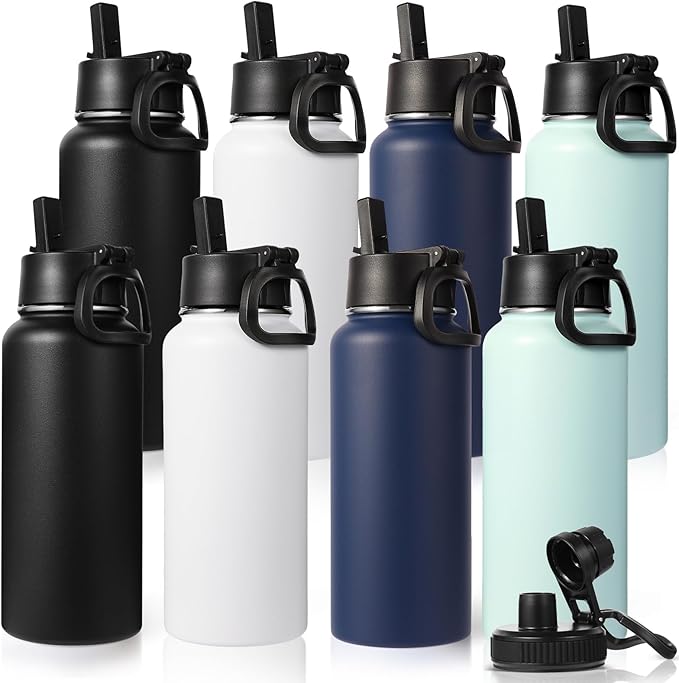Neihepal 32 oz Insulated Water Bottles Bulk with 2 Lids (Straw & Spout Lid), Stainless Steel Double Wall Water Bottle, Keeps Cold 24H & Hot 12H (Mix,8 Pack)