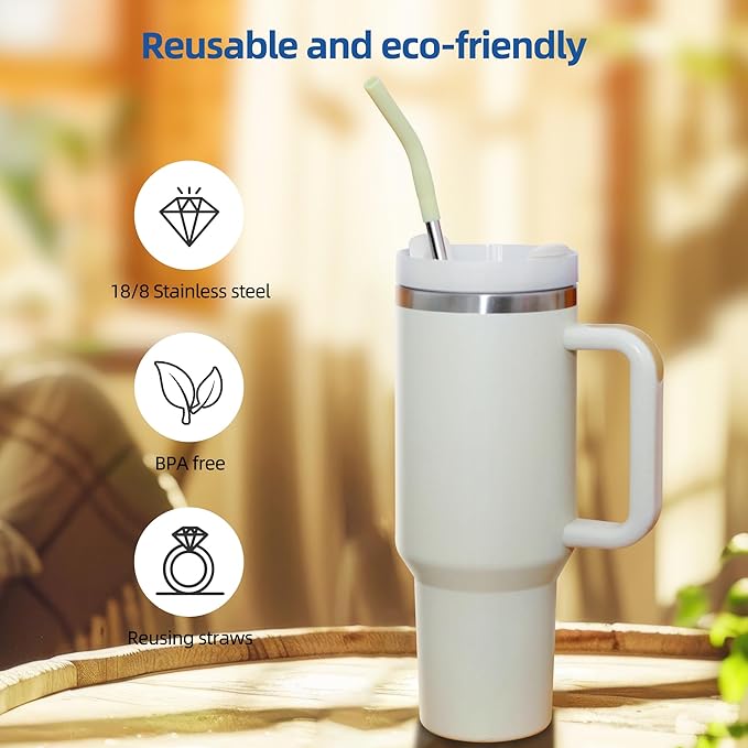 Set of 5 Stainless Steel Straws for 40 Oz Tumbler,For Stanley 40 Oz Tumbler, Reusable Metal Straw with 10 Silicone Tips and 2 Straw Cleaning Brush（5 colours 2, 40oz）
