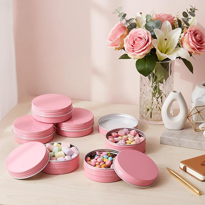 Patelai 72 Pcs 2 oz Aluminum Tins Salve Containers with Screw Lid and Labels Round Cans Travel Cosmetic Metal Tins Jar for Candles Lotion Bars Balms Food Spice Candies DIY Crafts(Pink)