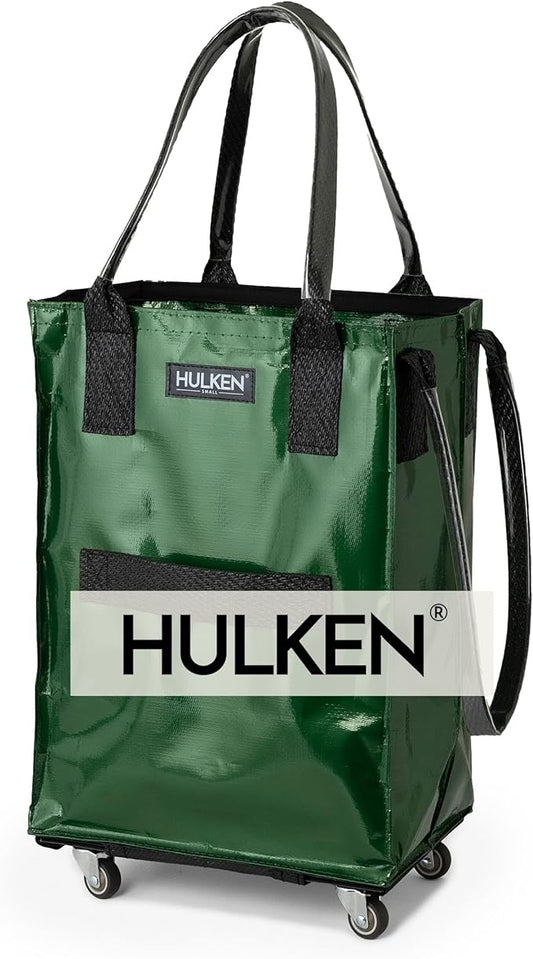 HULKEN (Small, Forest Green) Reusable Grocery Bag On Wheels, Shopping Trolley, Rolling Tote, Zipper Closure, Lightweight, Carries Up to 66 lb, Folds Flat