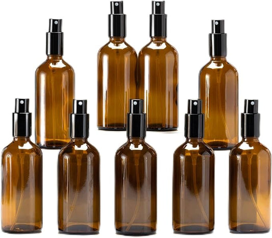 YIZHAO Amber Glass Spray Bottles 4oz, with Small Fine Mist Spray, Metal Cap, Refillable for Essential Oil,Travel,Cleaning,Perfume,Aromatherapy,Makeup – 9 Pcs