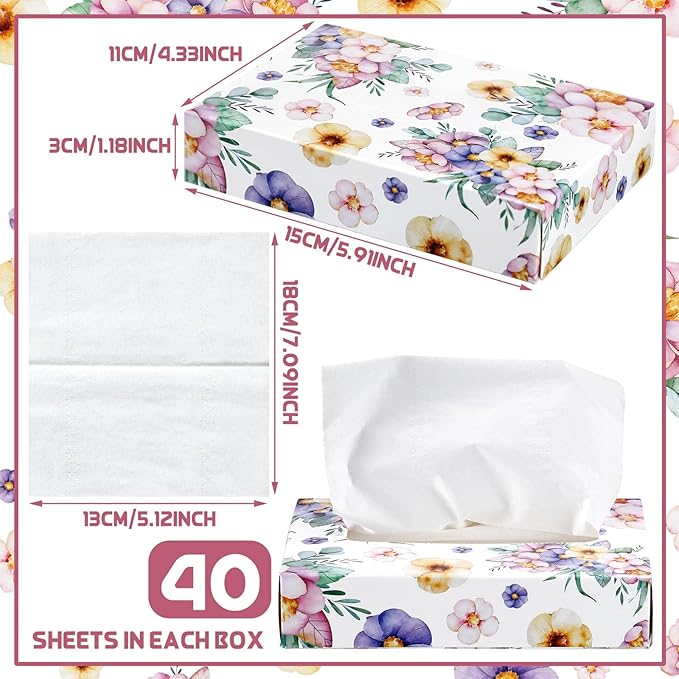 Yinder 24 Packs 960 Sheets Tissue Cube Car Facial Boxes Disposable Facial Travel Tissues Holder Soft Watercolor Boxes 2 Ply 40 Sheets for Wedding Household Car Kitchen Bathroom(Flower)