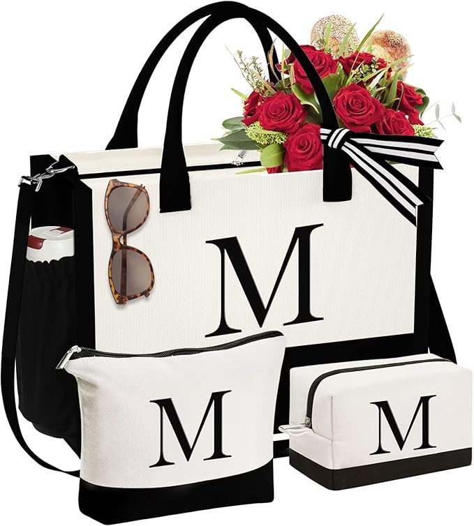 YOOLIFE Christmas Gifts for Women - Initial Canvas Tote Bag & Makeup Bag, Birthday Gifts for Women Mom Sister Friends