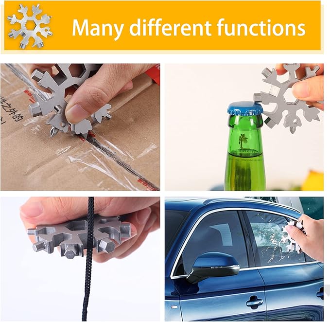 FZENeast 18-in-1 Snowflake Multitool, 3 Piece Stainless Steel Wrench With Key Ring, Carabiner Clip and Gift Bag (Silver)
