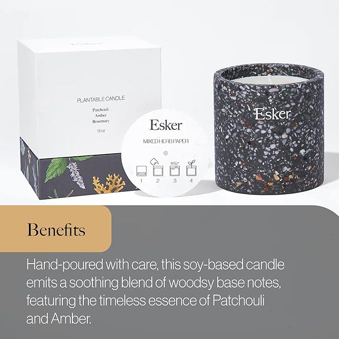 Esker Travertine Plantable Candle – Hand-Poured Soy Wax with Essential Oils, Eco-Friendly Reusable Planter, Includes Wildflower Seed Paper for Sustainable Gifting