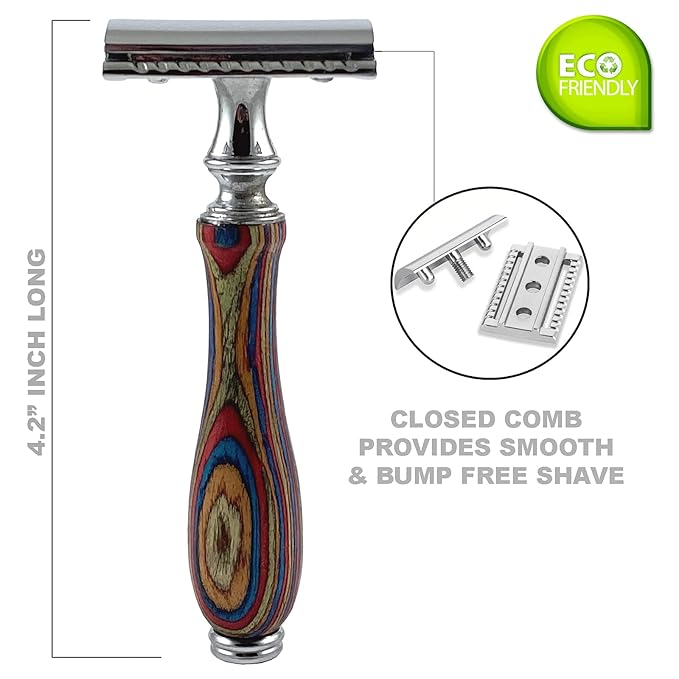 Long Wood Handle Safety Razor for Men Women - Double Edge Manual Razor - Fits All Double Edge Razor Blade - Comes With 5 Shaving Blades, Multi Color, 4.2 inch long