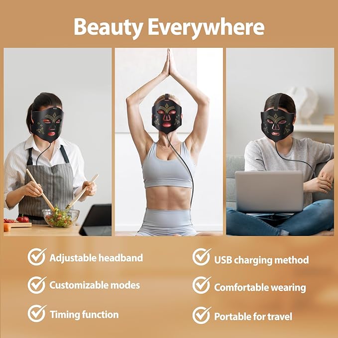 Red Light Mask for Face – LED Face Mask with 4 Modes, 3 Brightness & USB Charging, Adjustable Headband for Daily Home Skincare & Travel (Black)