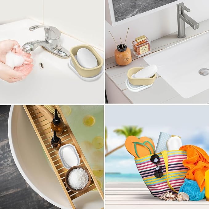 Leakproof Silicone Travel Soap Case with Drainage Layer, Silicone Bar Soap Holder Compact Portable Shatterproof Soap Container Box for Bathroom Gym Camp Travel Toiletries (Sand, Clear Lid)