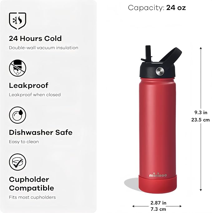 Mininoo Insulated Stainless Steel Water Bottle with Straw, Ceramic-Lined, BPA-Free & Leak-Proof, 24 oz, Red