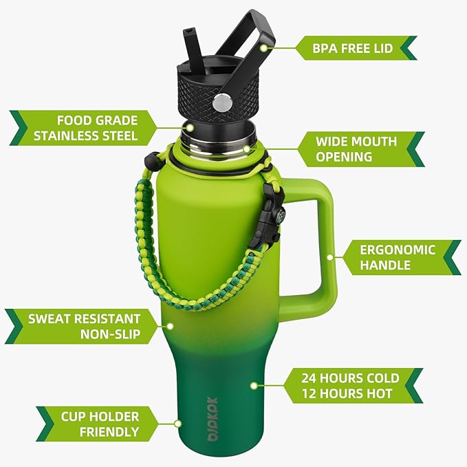 BJPKPK Insulated Water Bottles with Straw Lid, 40oz Metal Water Bottle with 2 lids & Paracord Strap, Double Wall Stainless Steel Tumbler with Handle, Reusable Cups, Mugs, Thermo, Bamboo Grove