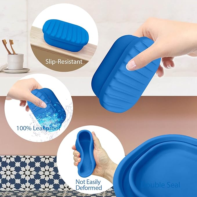 Leakproof Silicone Travel Soap Case with Drainage Layer, Silicone Bar Soap Holder Compact Portable Shatterproof Soap Container Box for Bathroom Gym Camp Travel Toiletries (KleinBlue, Drainage Lid)