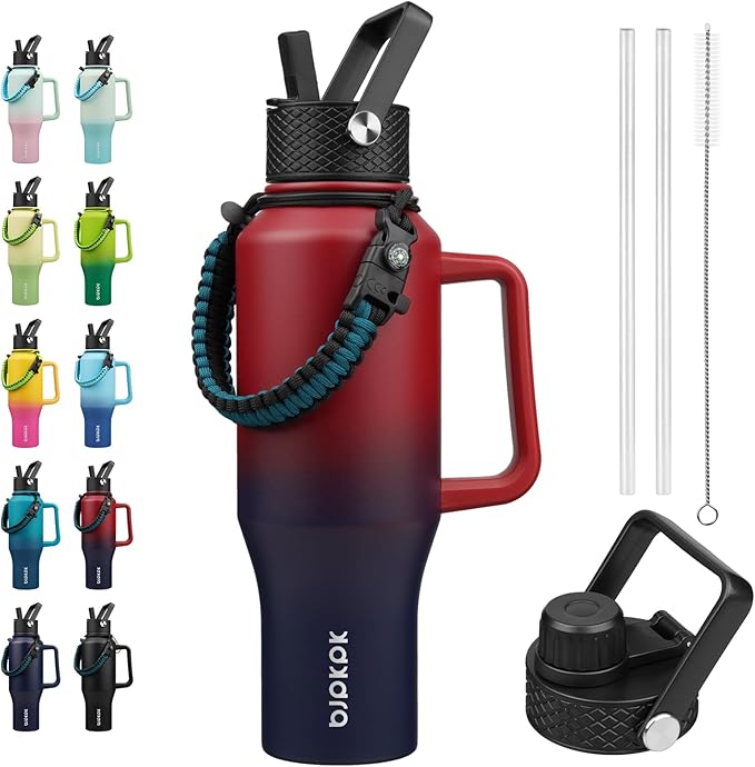 BJPKPK Insulated Water Bottles with Straw Lid, 35oz Metal Water Bottle with 2 lids & Paracord Strap, Double Wall Stainless Steel Tumbler with Handle, Reusable Cups, Mugs, Thermo, Charming Red
