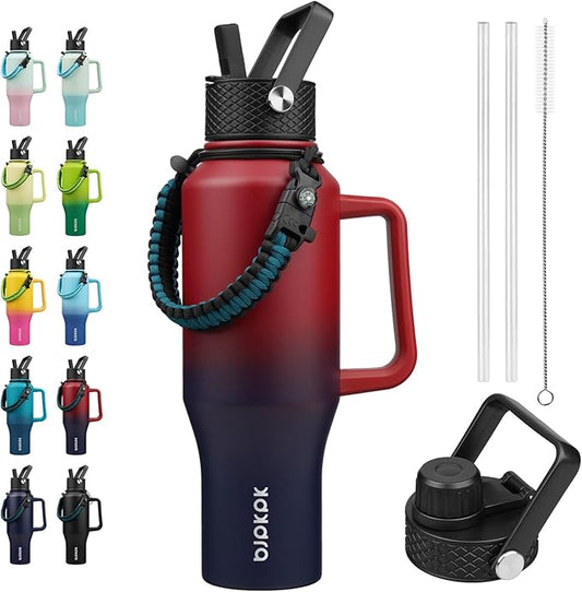 BJPKPK Insulated Water Bottles with Straw Lid, 35oz Metal Water Bottle with 2 lids & Paracord Strap, Double Wall Stainless Steel Tumbler with Handle, Reusable Cups, Mugs, Thermo, Charming Red