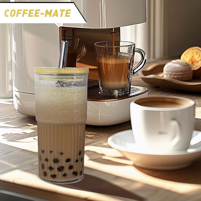 4Pcs 24oz Glass Cups with Lids and Straws, Mason Jar Iced Coffee Cup Wide Mouth Jar Drinking Glasses Set Coffee Mug Smoothie Cup Glass Tumbler Bamboo Lids Metal Straws for Juice and Cocktail Whiskey