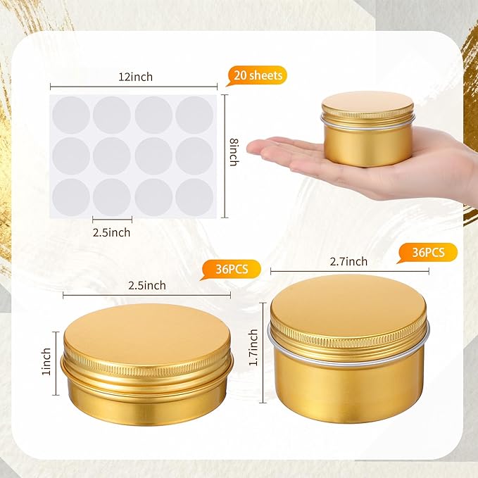 Patelai 72 Pcs Aluminum Tins 36pcs 2oz+4oz 36pcs Salve Containers with Screw Lid and Labels Round Cans Travel Cosmetic Metal Tins Jar for Candles Lotion Bars Balms Food Spice Candies DIY Crafts(Gold)