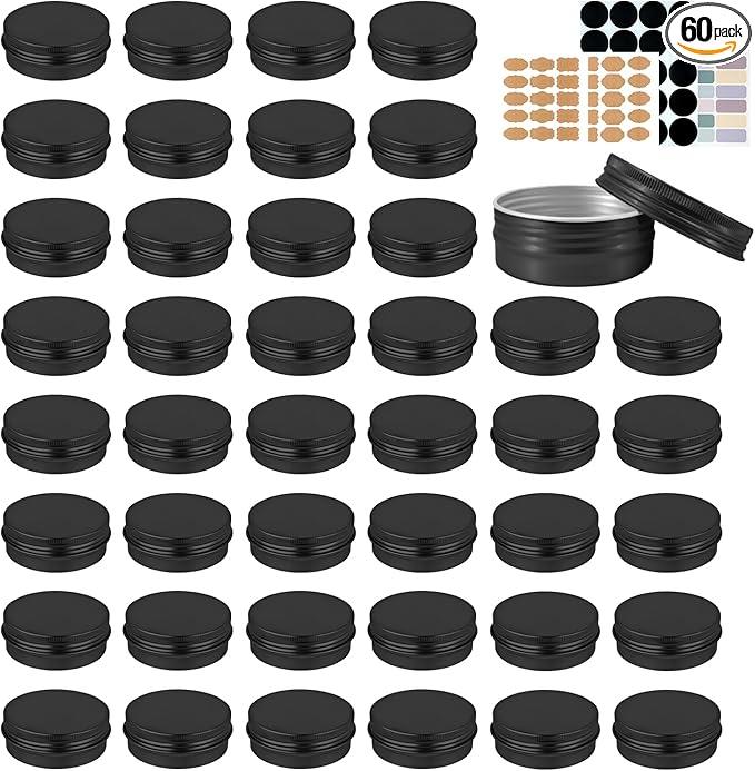 YQ 60 Pack 2 oz Tins with Lids, Salve Tins Round Aluminum Tin with Lids, 2oz Metal Tin Cans with Lid and Label, Refillable Black Containers for Balm,Beads,Weeds,Seeds,Salve,Spices and Homemade Candles