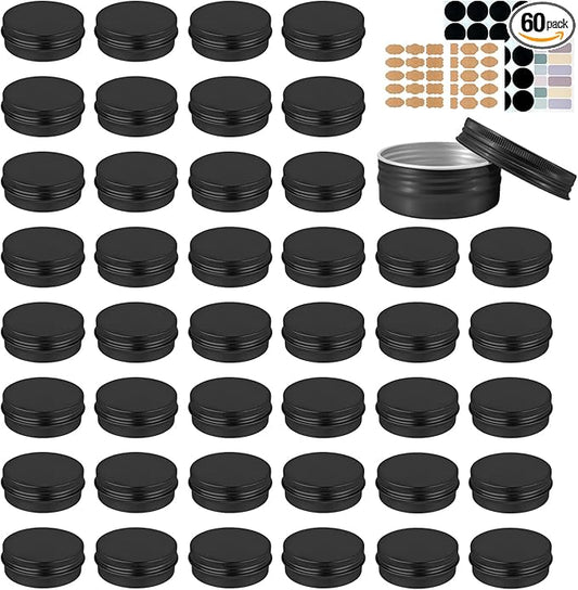 YQ 60 Pack 2 oz Tins with Lids, Salve Tins Round Aluminum Tin with Lids, 2oz Metal Tin Cans with Lid and Label, Refillable Black Containers for Balm,Beads,Weeds,Seeds,Salve,Spices and Homemade Candles
