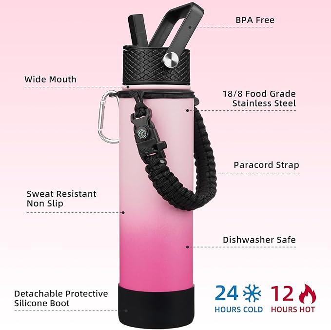 BJPKPK 27oz Insulated Water Bottles with 3 Lids, Paracord Handle & Non-slip Boot, Stainless Steel Metal Water Bottle with Straw, BPA Free Leak Proof Thermal Flasks, Tumblers,Cherry
