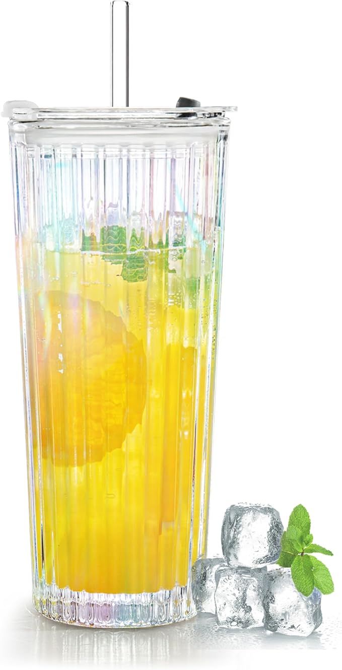 Puraville 18oz Glass Cup with Lid and Straw, Vintage Ribbed Striped Thickened Glassware for Whiskey Cocktail Beer, Mason Jar Drinking Glasses Tumbler Iced Coffee Cup, Rainbow
