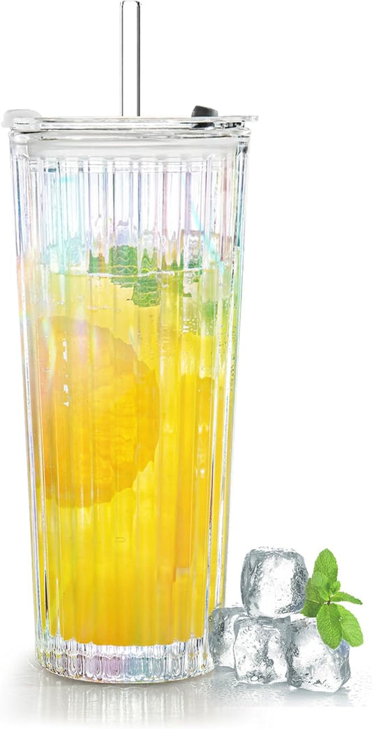 Puraville 18oz Glass Cup with Lid and Straw, Vintage Ribbed Striped Thickened Glassware for Whiskey Cocktail Beer, Mason Jar Drinking Glasses Tumbler Iced Coffee Cup, Rainbow