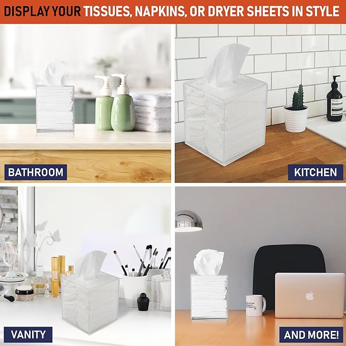 Acrylic Tissue Box Holder, Square Dispenser for Facial Tissues, Napkins, and Dryer Sheets. Perfect for Bathrooms, Desks, Countertops, Vanities, Bedrooms, and Nightstands (Square, Clear Glitter)
