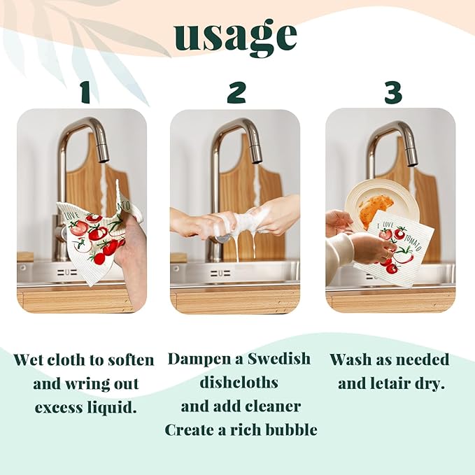 Swedish Dishcloths for Kitchen, Swedish Dish Cleaning Cloths for Vegetable, Beet Chili Tomato Peas，Papaya Reusable Paper Towels, 4 Pack Dish Towels for Kitchen, Reusable Dishcloths Washable