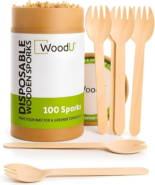 Disposable Wooden Spork by WoodU | 100% All-Natural, Eco-Friendly, Biodegradable, and compostable Spork - Pack of 100-6.5" spork wood cutlery