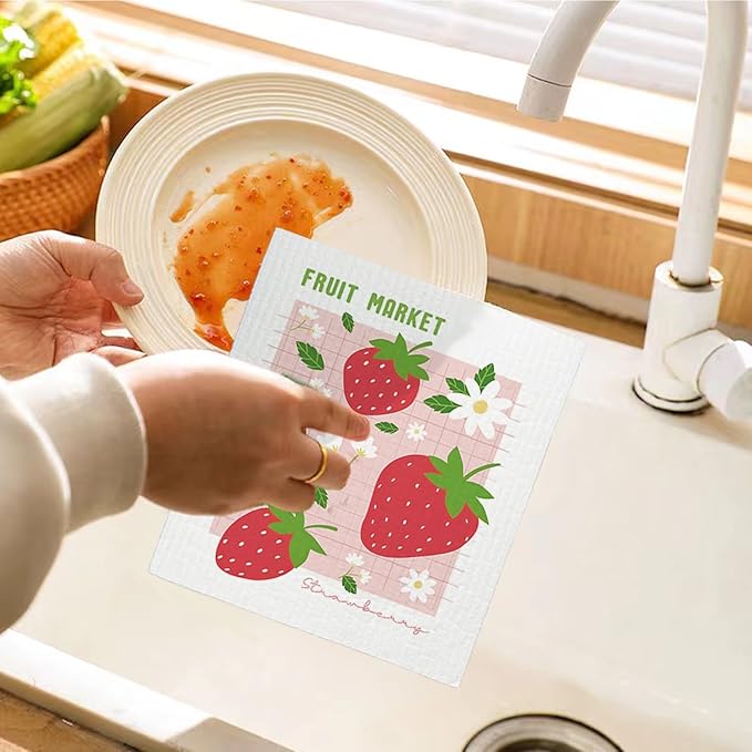 Swedish Dishcloths for Kitchen, Pink Strawberries Peach Cherry Lemon Swedish DishCloths for Friut Market, 4 Pack Dish Towels for Kitchen, Papaya Reusable Paper Towels Washable