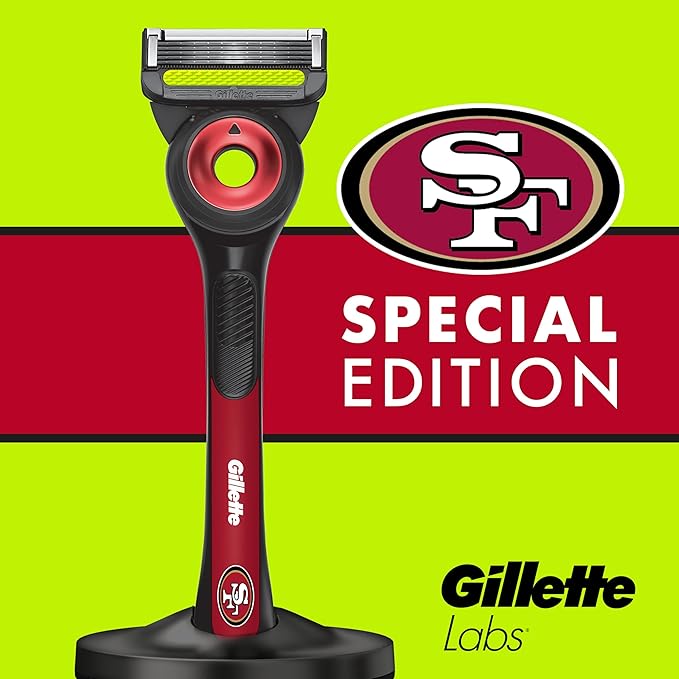 Gillette Labs Special NFL 49ers Edition Shaving Razor for Men - 1 Handle, 4 Razor Blade Refills & Magnetic Stand, Holiday Gifts for Men, GilletteLabs with Exfoliating Bar