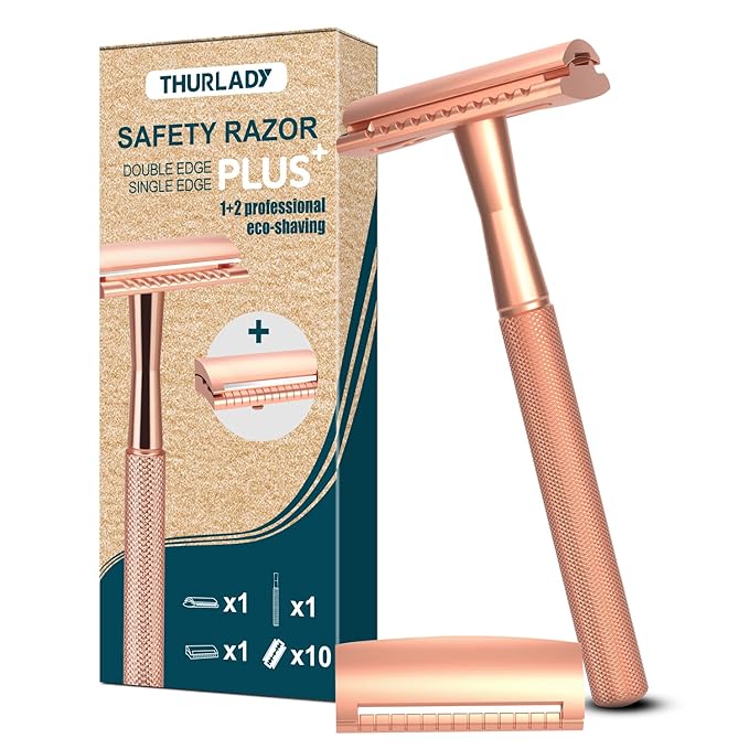 Safety Razor, Single Blade Razors for Women, Reusable Metal Razor, with 10 Double Edge Blades, Smooth Close Gentle Shave, Plastic Free, Rose Gold
