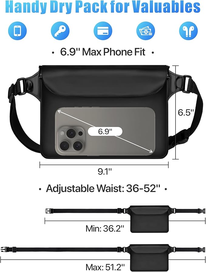 F-color Waterproof Fanny Pack - Cruise Essentials 2025 - Waterproof Pouch, Triple Zipper Roll-Top Dry Bag for Phone with Adjustable Waist Strap, Keep Passport Valuables Dry for Beach Kayaking Boating
