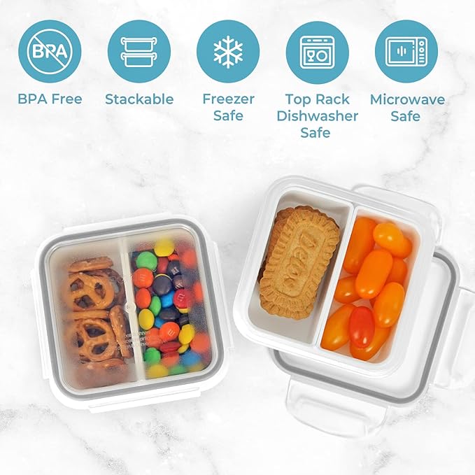 carrotez 2 Compartment Small Snack Containers, Mini Snack Containers for Mini Fridge, Small Food Storage Containers, Airtight Lids, Reusable, 1.1 cup, 6 PACK