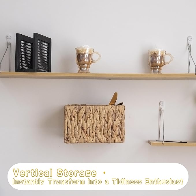 Water Hyacinth Storage Baskets with Handles Set of 3 , Handmade Natural Woven basket with lid, Rustic Farmhouse Style for Shelf Home Organization