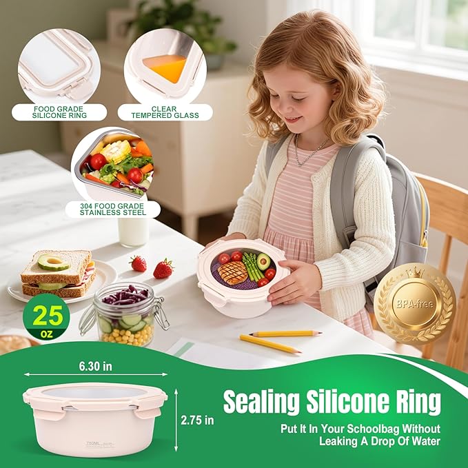 25oz Stainless Steel Lunch Box With Leakproof Tempered Glass Lids Microwavable Stainless Steel Food Storage Containers Stackable Freezer Fruit Snack Meal Prep Metal Bento Box for Travel Picnic Round