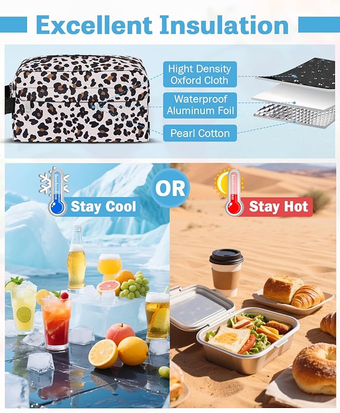 Small Insulated Snack Bag Lunch Box,Collapsible Reusable Small Lunch Bag with Snap Buckle Handle for Beach Travel Picnic,Leopard Print 5-Can(3L)