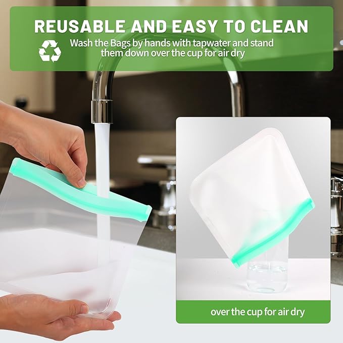 20 Pack Reusable Silicone Freezer Bags - Leakproof Food Storage Bag - Safe Sealable Snack Bags - Large Keep Fresh Sandwich Bags for Milk Bread Fruit Vegetable Meat Cookie