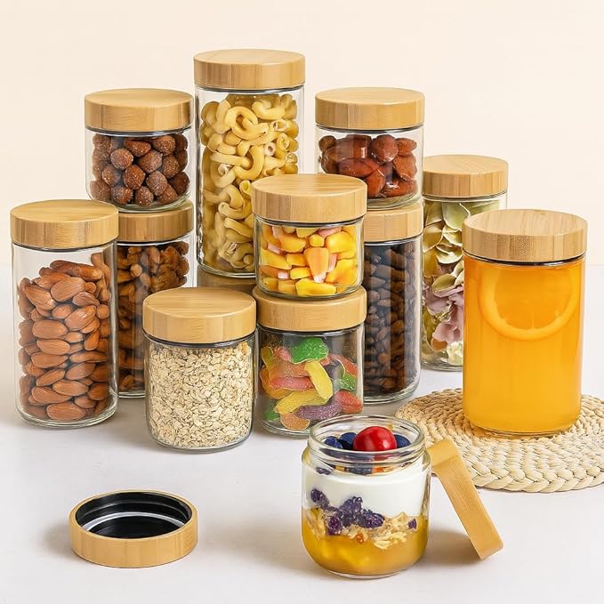 4 Pack 16oz Glass Jars with Bamboo Lids, Spoons, Airtight Overnight Oats Containers, Wide Mouth Mason Jars, Food Storage Container for Yogurt Salad Snacks Spice Sugar Meal Prep – Reusable