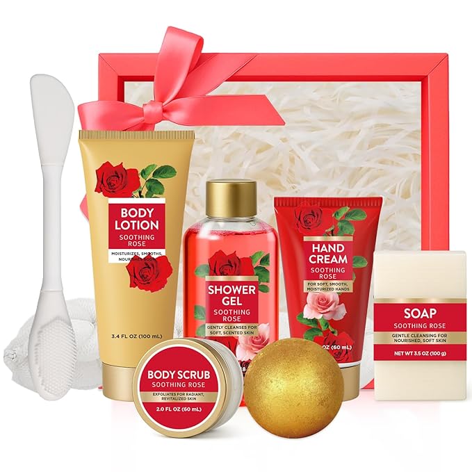 Romantic Rose Christmas Spa Gifts for Women, 8 Piece Gift Set with Bubble Bath, Luxury Bath Gift for Her, Anniversary or Birthday Gift for Wife, Girlfriend, Mom - Body Scrub, Lotion, Hand Cream, Soap
