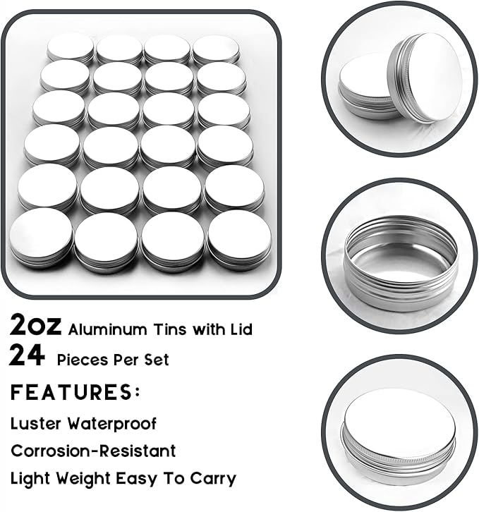 2 oz/60ml 24 Pack Aluminum Balm Tins For Pill Storage, Jar Containers with Screw Thread Lid for Lip Balm, Cosmetic, Candles, Aluminum Tin Cans Containersor for Salve and Spices
