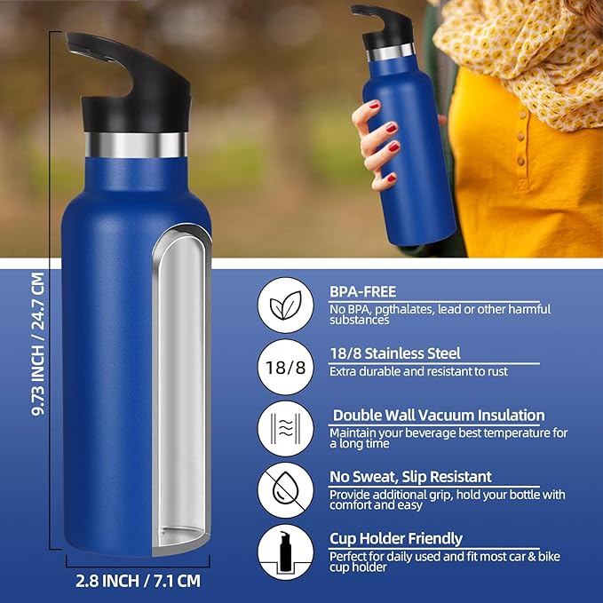 Volhoply 17oz Insulated Water Bottle Bulk 2 Pack,Stainless Steel Kids Water Bottles with Straw Lid,Double Wall Vacuum Metal Water Bottle,Reusable Sports School Flask Keep Cold (Navy,2 Set)