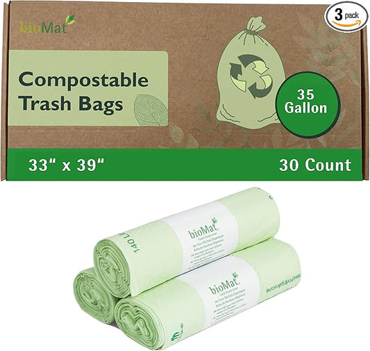 bioMat 35 Gallon Compostable Compost Liners, 30 Count, BPI ASTM D6400 and CMA Certified, Large Compost Bags for Compost Bin