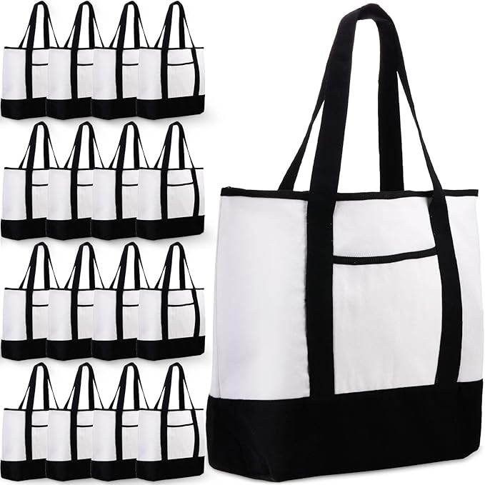 Reginary 16 Pcs Canvas Tote Bags Bulk with Outer Pocket 18 Inch Reusable Shopping Grocery Blank Tote Bag for Women Mother DIY