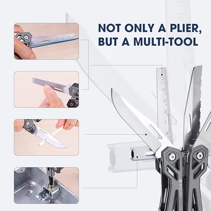 BIBURY Multitool with Pocket Knife, 21-in-1 Stainless Steel Pliers with Screwdriver, Safety Locking Multi tools with EDC Knife for Survival, Camping, Fishing, Repair, Birthday Gifts for Men Women
