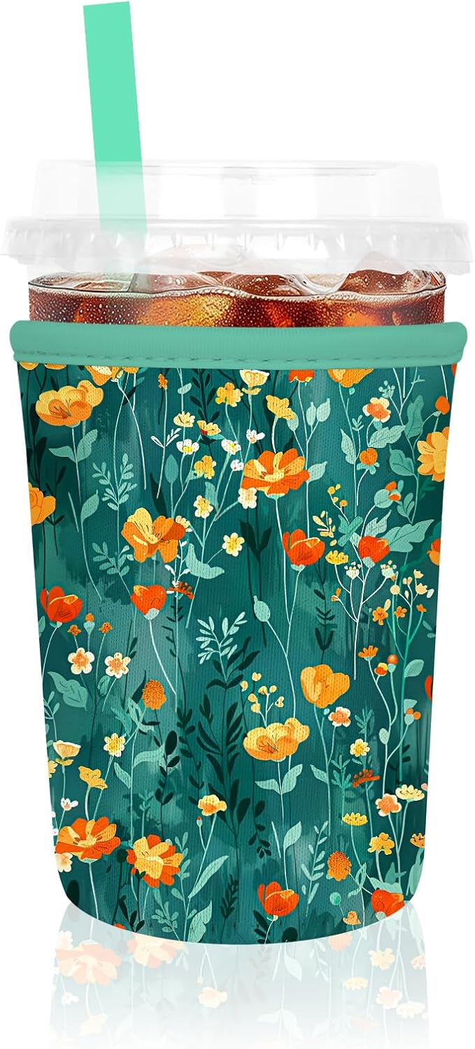 Iced Coffee Sleeve, Reusable Insulated Neoprene Cup Sleeve for Cold & Hot Drinks Beverages, Cup Holder for 16oz-18oz Coffee Cups, Green Flowers