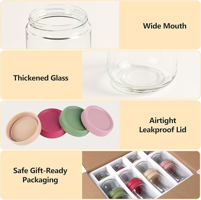12 Pack 4oz 10oz 16oz Glass Jars with Lids, Overnight Oats Containers, Airtight Yogurt Storage Containers, Wide Mouth Mason Jars, Salad, Snacks, Spices, Meal Prep - Reusable